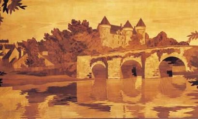 null ROSENAU « Château au bord de la Loire avec un pont ». Très belle marqueterie...