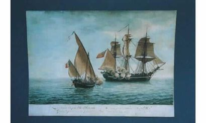 null Antoine ROUX, père (1765-1835) (attribué à). Combat naval légendé dans un bandeau...