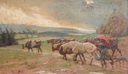 null André MARCHAND (1877-1951)
« Vaches et chevaux »
Huile sur papier contrecollé...