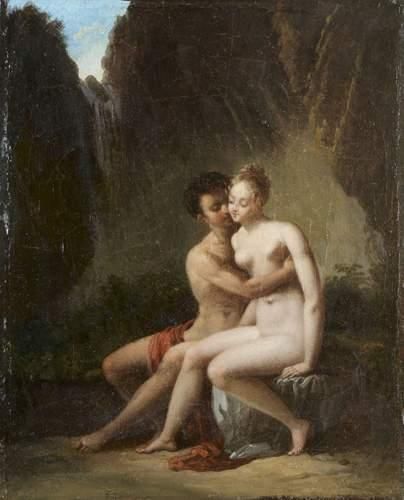 null Jacques Antoine VALLIN (Paris 1760-1831)
Couple enlacé près de la cascade
Toile.
28...