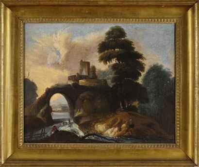 null Ecole FLAMANDE du XVIIIe siècle
Paysage au pont
Toile.
52 x 63 cm
(Usures)....