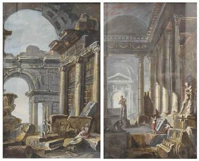 null Attribué à Giovanni Niccolo SERVANDONI (1695-1766)
Personnages dans des ruines...