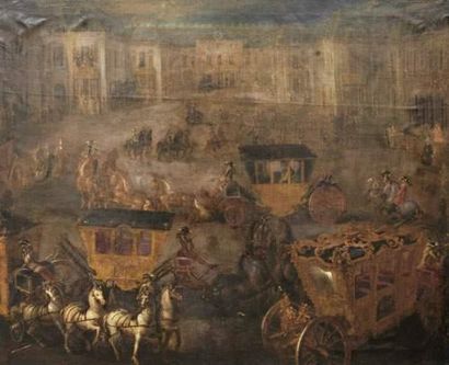 null Ecole ESPAGNOLE vers 1720
L'arrivée des carrosses à Versailles
Toile.
127 x...