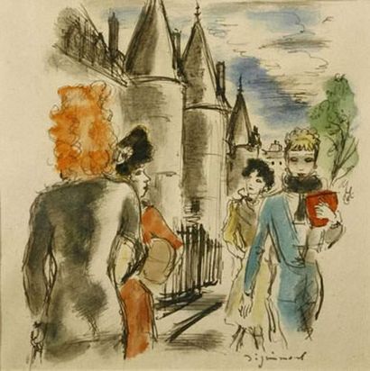 null André DIGNIMONT (1891-1965)
Ces dames sortant de la Tour Pointue 
Encre aquarellée,...