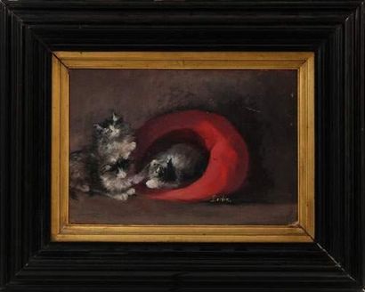 null Georges Dunlop LESLIE (1835-1921)
Trois chatons
Panneau.
Signé en bas à droite.
25...