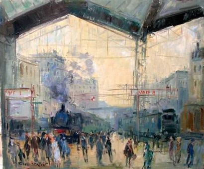 null Roger BERTIN (1915-2003)
L'arrivée du train gare Saint Lazare
Toile.
Signé en...