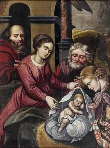 null Ecole FLAMANDE vers 1630
Sainte Famille adorant l'enfant
Panneau de chêne, deux...