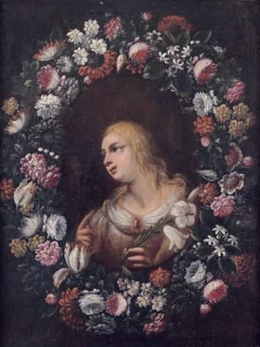 null école ESPAGNOLE vers 1600
Ange de l'Annonciation dans une guirlande de fleurs
Toile.
98...