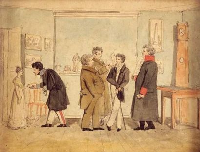null École ANGLAISE du XIXe siècle
Les amateurs d'art
Plume et aquarelle.
20 x 26...