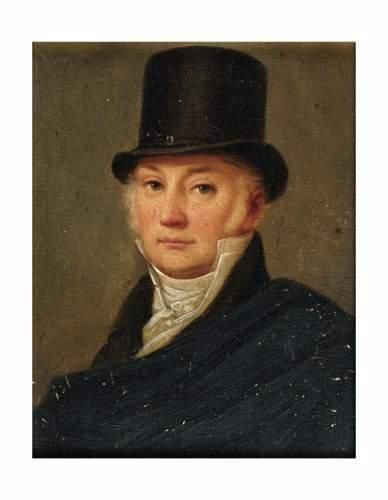 null École ANGLAISE du début du XIXe siècle
Portrait d'homme au chapeau
Panneau.
14...