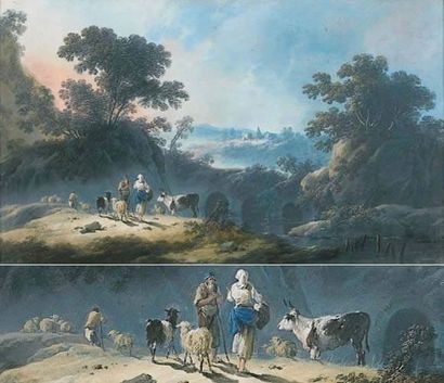 null Jean PILLEMENT (Lyon 1728-1808)
Bergers dans un paysage
Gouache.
36 x 61 cm...