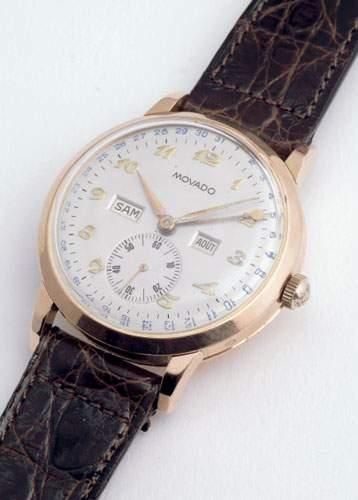null MOVADO (Quantième), vers 1950
Très belle montre à complication en or à fond...