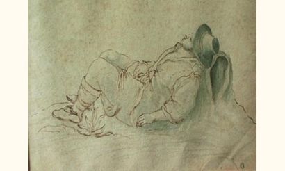 null École HOLLANDAISE du XVIIe siècle
Un homme endormi
Plume et encre brune, lavis...
