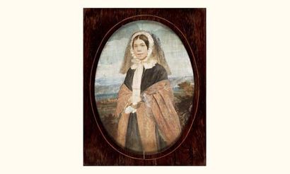 null Ecole FRANÇAISE du XIXe siècle
Portrait d'une paysanne
Gouache sur fond de reproduction.
(Déchirure).
20...