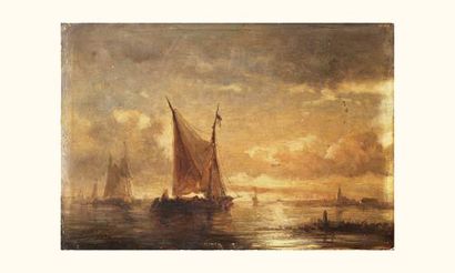 null École HOLLANDAISE du XIXe siècle
Marine au coucher du soleil
Huile sur panneau,...