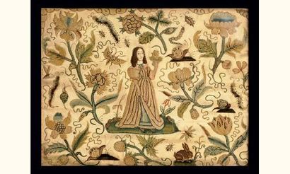 null Broderie sur soie représentant une femme tenant une fleur entourée de rameaux...