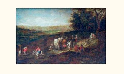 null École HOLLANDAISE du XVIIe siècle 
Le convoi à l'orée des bois
Toile .
22 x...