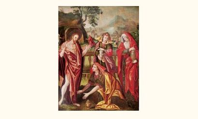 null École ANVERSOISE du XVIIe siècle 
Le Christ et les trois Marie 
Panneau de chêne,...