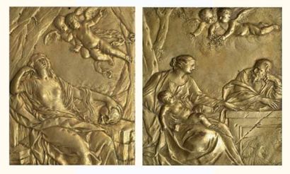 null Paire de bas-reliefs en bronze doré.
La Sainte famille et vanité (Madeleine...