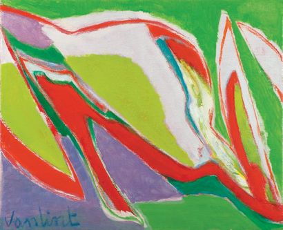 Louis Van Lint (1909-1986) "Envol rouge" Huile sur toile. Signée en bas à gauche,...