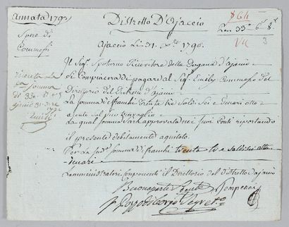 BONAPARTE, Joseph Billet signé «Buonaparte»- Pozzo di Borgo et Pompeani, Ajaccio,...