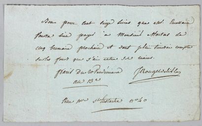ROUGET, DE LISLE, Claude- Joseph Billet autographe signé, «Rouget de Lisle», Paris...