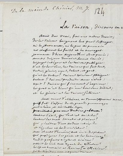 CHENIER, Marie-Joseph de Poème autographe «la Raison, discours en vers» 3 pages in-folio...