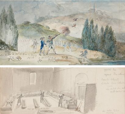 Attribué à Jean-Charles Develly (1783 - 1849) Le duc de Berry tirant les canards...