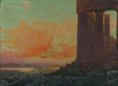 Franz Gaillard (1861-1932) Temple au coucher du soleil. Huile sur toile. Signée en...