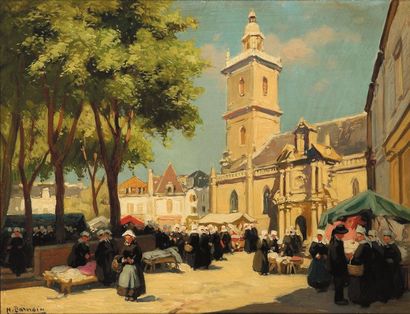 Henri-Alphonse Barnoin (1882-1935) Le marché d'Auray. Huile sur panneau, signée en...