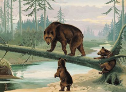 Boris Riab (1898-1975) « Les ours bruns » Gouache sur papier signée en bas à gauche....