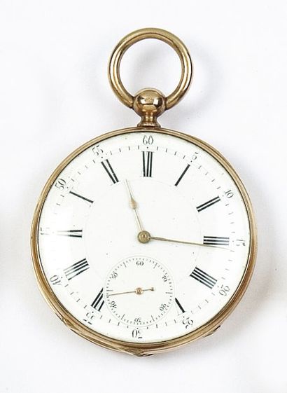 null MONTRE à ancre en or jaune, le fond guilloché, cadran émaillé avec secondes...