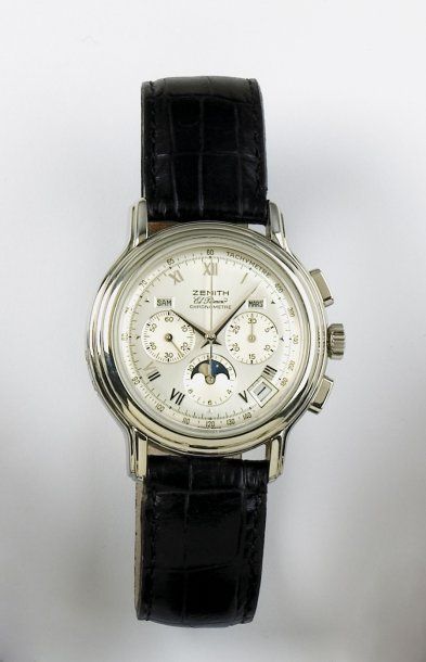 ZENITH "EL PRIMERO CHRONOMASTER". Bracelet montre chronographe en acier. Cadran gris...