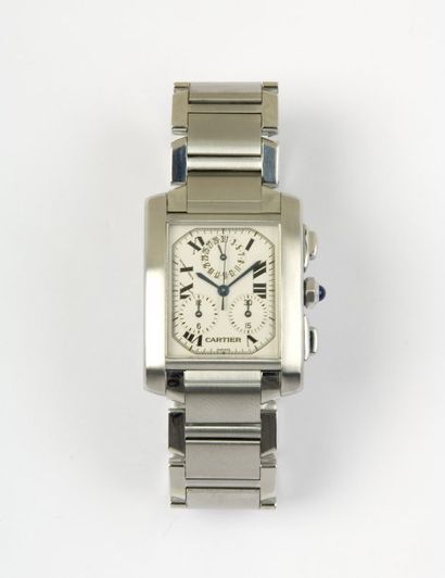 CARTIER "TANK FRANCAISE CHRONOGRAPHE": Bracelet montre chronographe en acier. Cadran...