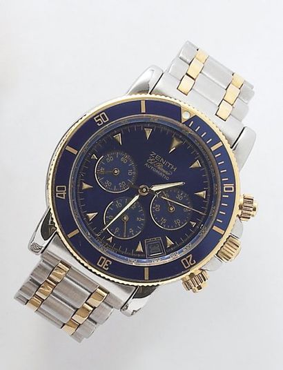 ZENITH "EL PRIMERO". Bracelet-montre chronographe en or jaune et acier. Cadran bleu...