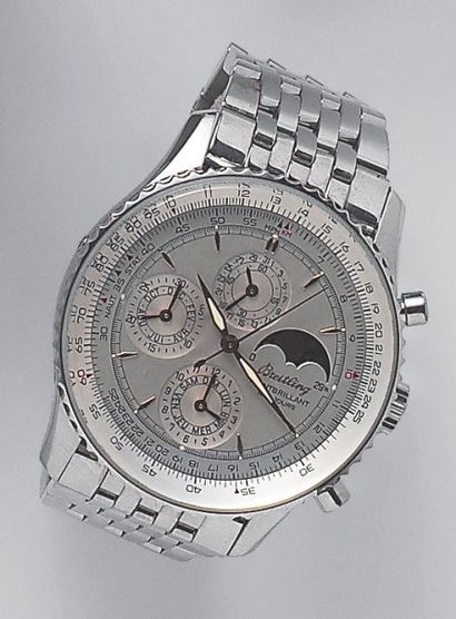 BREITLING «MONTBRILLANT». bracelet montre chronographe en acier. Cadran gris à trois...