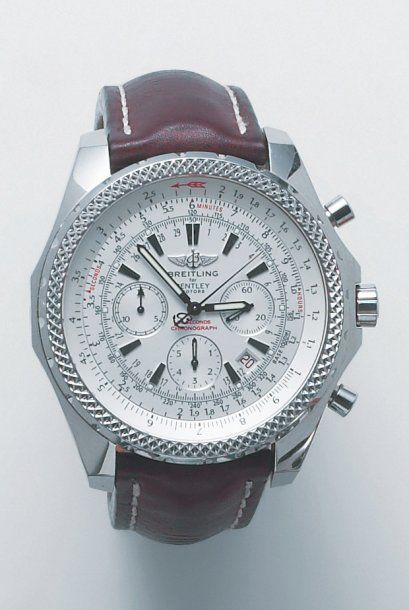 BREITLING «BENTLEY». Montre de poignet chronographe en acier. Cadran blanc à trois...