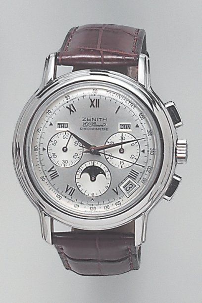 ZENITH «EL PRIMERO». Montre de poignet chronographe en acier. Cadran gris à trois...