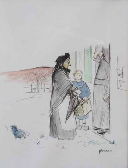 Jean-Louis FORAIN (1852-1931) Femme et enfant visitant un prêtre Encre rehaussée...