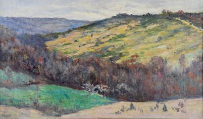 Maximilien Luce (1858-1941) "Arbres et collines". Huile sur toile, cachet de la signature...