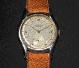 UNIVERSAL GENEVE N° 212153 vers 1945. Montre bracelet ronde en acier ENVERSTEEL,...