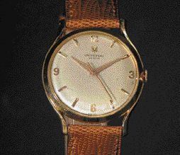 UNIVERSAL GENEVE N°1995057 vers 1957. Montre bracelet en or, boîtier rond, fond clippé....