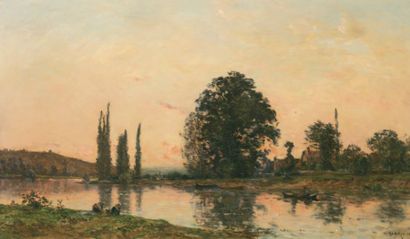 DELPY Hippolyte Camille (1842-1910) « Lavandières au bord de l'Oise » Huile sur panneau....