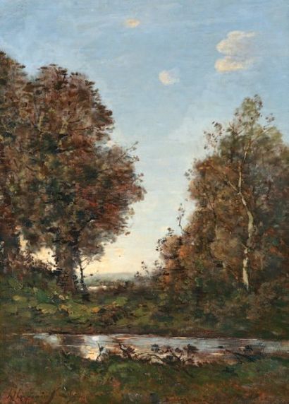 HARPIGNIES Henri Joseph (1819-1916) « L'étang près des grands arbres » Huile sur...