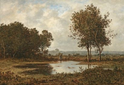 RICHET Léon (1843 ou 1847-1907) « La mare en forêt de Fontainebleau » Huile sur panneau....