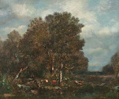 DUPRE Jules (1811-1889) «Vaches à la mare près de grands chênes » Huile sur toile...