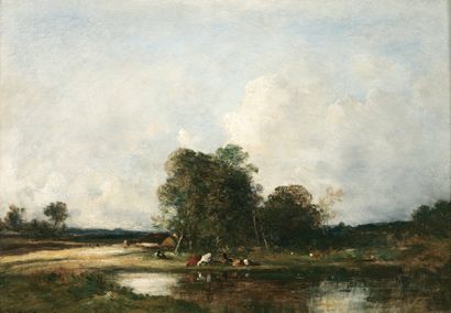 DUPRE Léon Victor (1816-1879) « Vaches près des grands arbres » Huile sur toile....