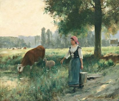 DUPRE Julien (1851-1910) « Fermière et son troupeau dans la prairie d'Arques la Bataille...