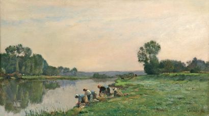 DAMOYE Pierre Emmanuel Eugène (1847-1916) « Lavandières au bord de la rivière » Huile...