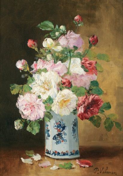 CAUCHOIS Eugène Henri (1850-1911) VALMON (pseudonyme) « Roses dans un vase » Huile...
